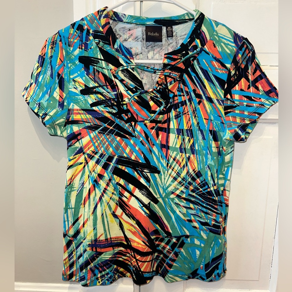 Rafaella Turquoise Multicolor Palm-Print Lace-Up Short Sleeve Top